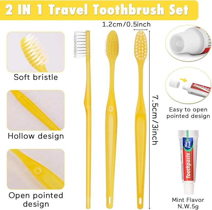 HOFASON Disposable Toothbrushes with Toothpaste Pack of 300, Yellow Hollow Travel Toothbrush Set with 5g Bulk Toothpaste Individually Wrapped for Homeless, Nursing Home, Shelter, Hotel