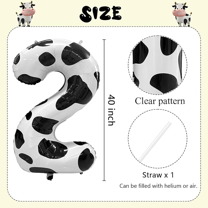 Cow Print Number Balloons, Large Foil Number 2 Balloon 40 Inch Cow Balloon for Boys Girls Birthday Decoration Cow Themed Birthday Party Decorations Farm Animal Party Supplies