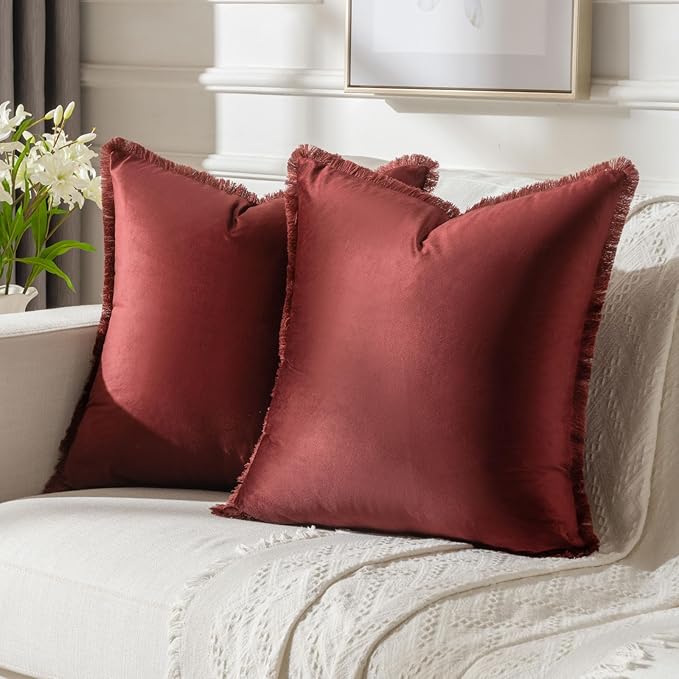 FUTEI Burgundy Velvet Decorative Throw Pillow Covers 16x16 Set of 2,Soft Cozy Edge with Tassels Cushion Case,Boho Modern Home Decor for Couch Bed Living Room