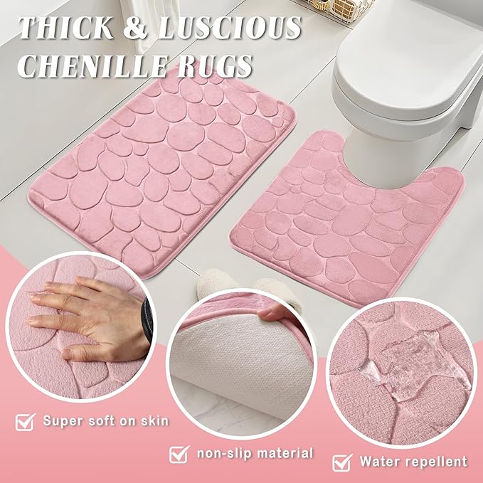 Bathroom Accessories Set- 25PC White Bathroom Set, Bathroom Set with Shower Curtain and Rugs, Pink Shower Curtain Set, Soap Dish & Trash Can