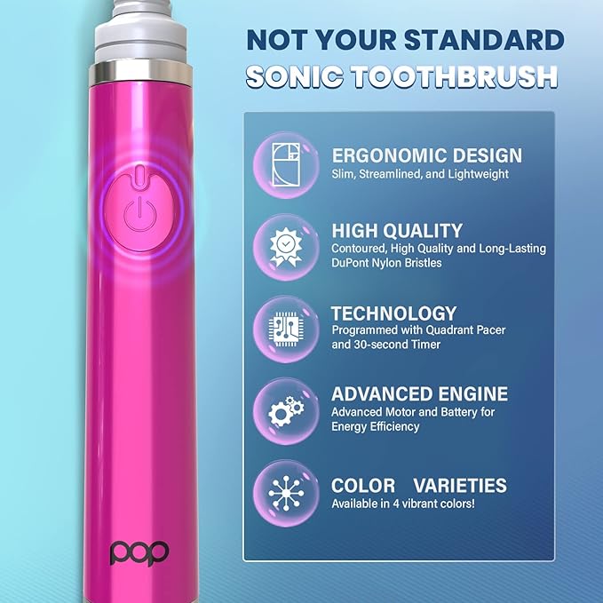 Pop Sonic Ultimate Pro Toothbrush (Pink) | Rechargeable Battery w/Up to 40,000 Brush Strokes/Minute -Long-Lasting Dupont Nylon Bristles - for Teens & Adults w/Quadrant Pacer & Timer