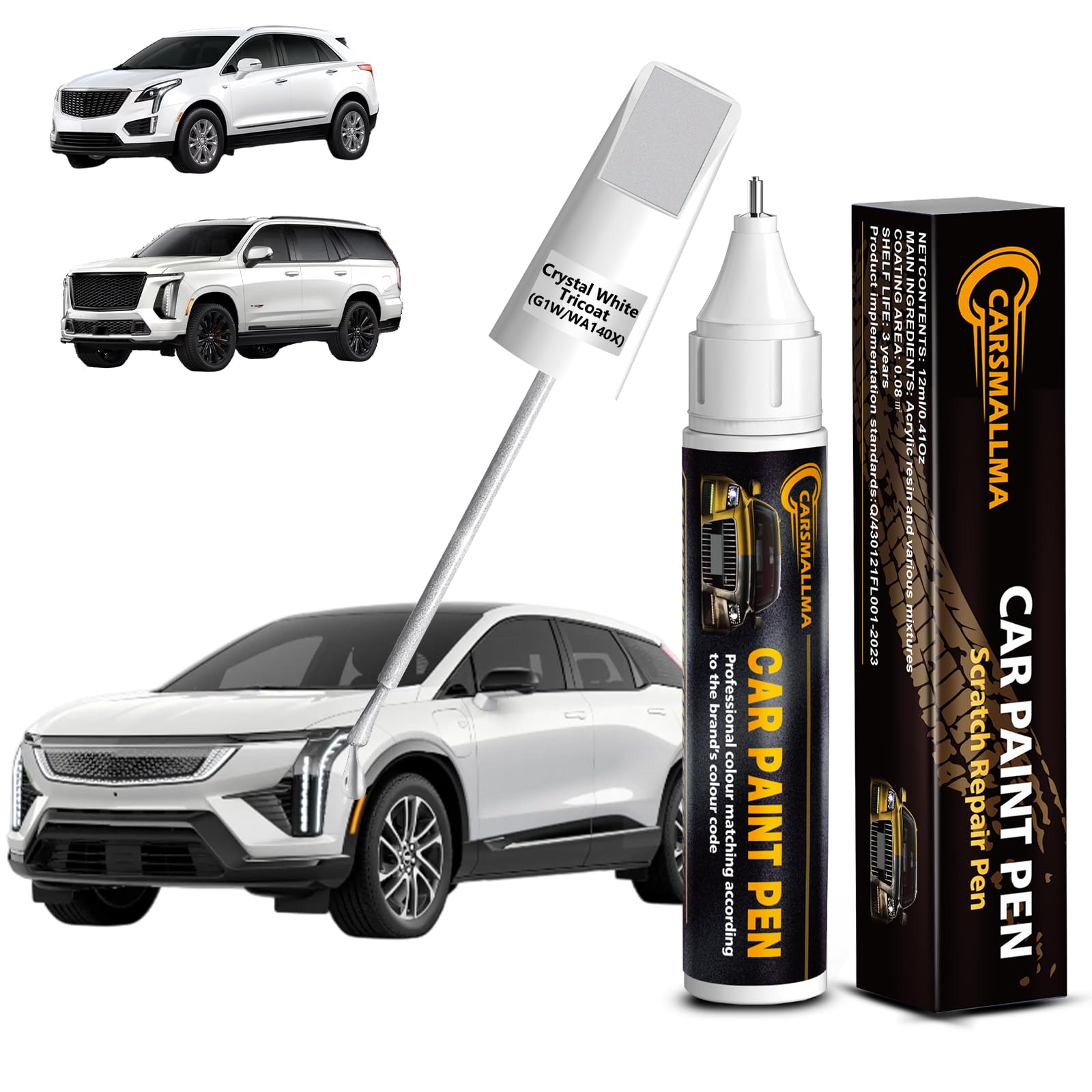 Carsmallma Crystal White Tricoat(G1W/Wa140X) Car Touch Up Paint For Cadillac, Color Accurate Car Paint Scratch Repair Pen Kit Qu