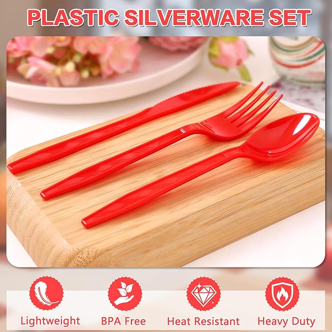 360-Pack Plastic Red Silverware Set, Disposable Cutlery Set, Plastic Forks and Spoons Knives Utensils Set (120 Each) for Christmas Party, Valentine‘s Day, Weddings, Festive Events