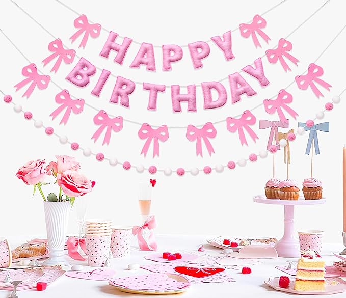 Pre-Strung Pink Bow Birthday Decorations, Reusable Coquette Party Decorations with Wool Felt Happy Birthday Banner, Bow and Felt Ball Garland for Girls Women Baby Shower Pink Bow Theme Decor