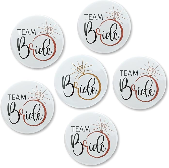 BrideTeam Bride Buttons Pins,Wedding Party Bride Shower Tinplate Badge Pin Bridesmaid Group Button Bachelorette Gift Decorating Accessory Set of 6 White Engagemnet Ring Rose Gold bride Squad 2.3Inch