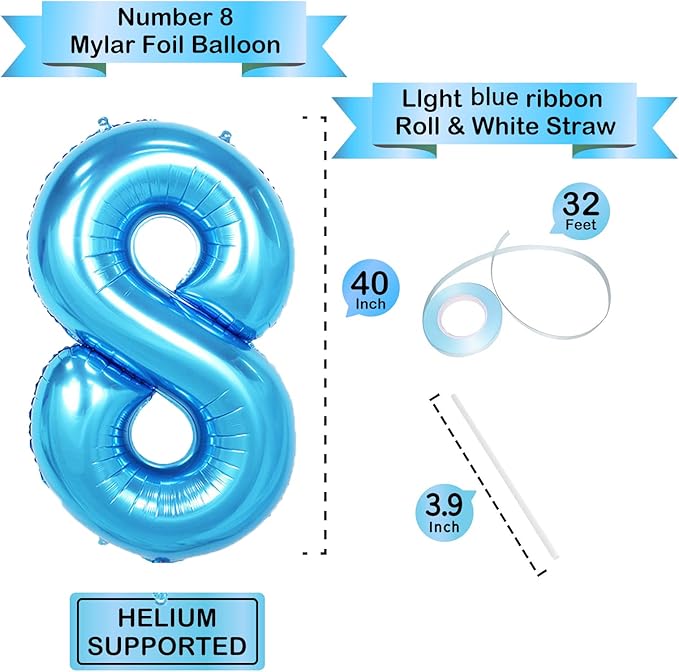 40 Inch Blue Number Balloons, Helium Mylar Foil Number Balloons for Birthdays, Number 8 Balloon for Party Wedding Bachelorette Birthday Bridal Shower Graduation Anniversary Celebration Party