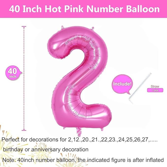 Pink Number Balloons, Large Hot pink Number 2 Balloon 40 Inch Pink 2 Balloon for Men Women Boys Girls 2nd Birthday Party Decoration