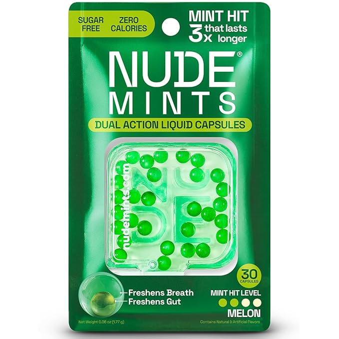 NUDE MINTS | Double Action Liquid Capsules | Mouth Watering Mint - Lasts 3x Longer - 3x Stronger - Extreme Bad Breath Solution For Adults - Sugar Free, 0 Calorie - Melon - 10 Pack - 300 Capsules