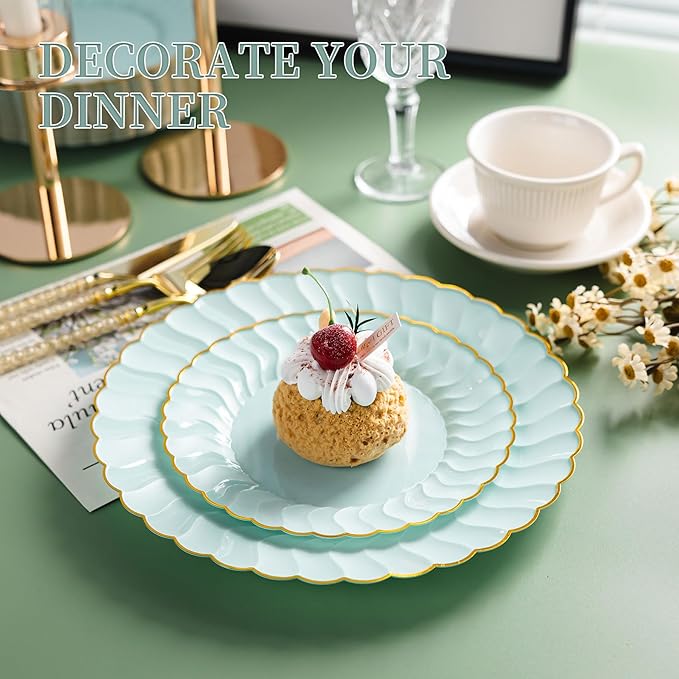 Lullaby 60PCS Sage Green Scalloped Plastic Plates with Gold Rim, Includes 30PCS Dinner Plate 10.25'' and 30 PCS Dessert Plate 7.5'', Green Disposable Plates for Party, Birthdays, Wedding and Daily Use