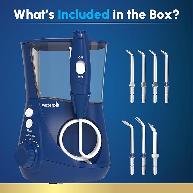 Waterpik Aquarius Water Flosser For Teeth Cleaning, Gums, Braces, Dental Care, Electric Power With 10 Settings, 7 Tips For Multiple Users And Needs, ADA Accepted, Blue WP-663, Packaging May Vary