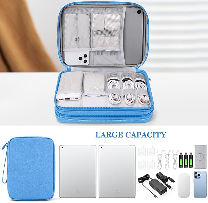 FYY Electronic Organizer, Extra Large Travel Cable Organizer Bag Pouch Portable Waterproof Double Layers All-in-One Storage Bag for iPad, Cable, Power Bank, Laptop Charger for Office/Home, Cyan