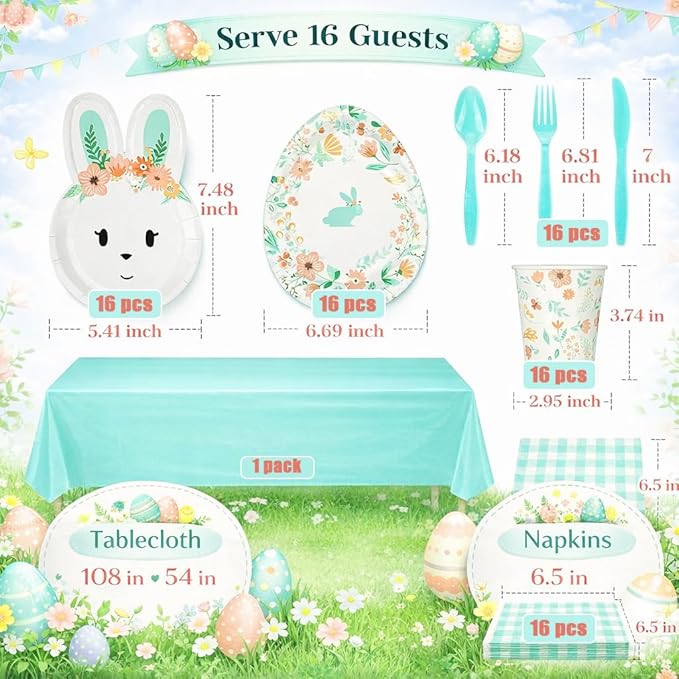 KEPATO Easter Bunny Party Supplies for 16 Guests, 113 Pcs Disposable Tableware Set with Plates, Napkins, Cups, Forks and Spoons for Easter Bunny Birthday Party Decorations