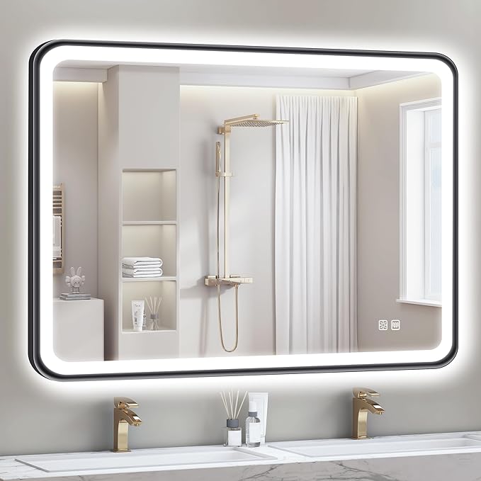 S'bagno 40X28 Black LED Mirror for Bathroom with Frontlit & Backlit, LED Bathroom Mirror with Metal Frame, Anti-Fog, Stepless Dimmable, 3 Colors Temperature LED Vanity Mirror(Horizontal/Vertical)