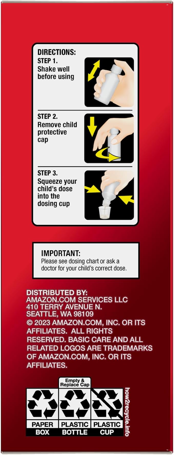 Amazon Basic Care Children's Pain and Fever, Acetaminophen 160 mg per 5 mL Oral Suspension, Dye-Free Cherry Flavor, Fever Reducer and Pain Reliever for Headache, Sore Throat and Toothache, 8 fl oz