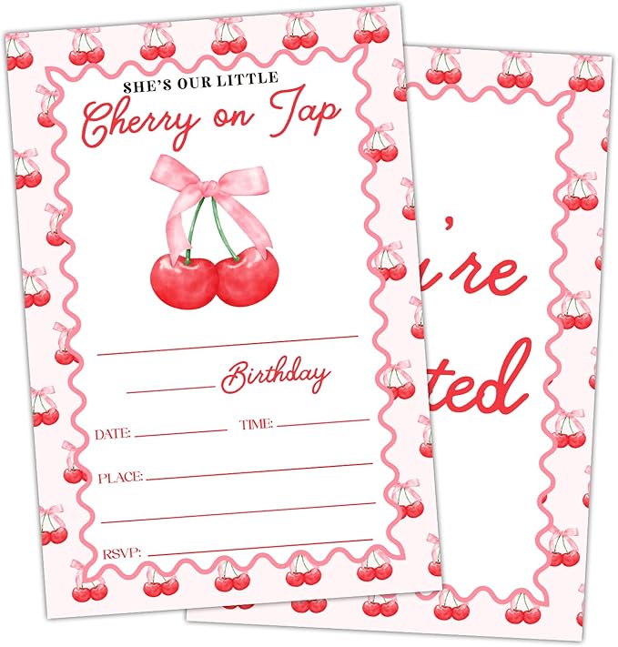 Cherry Birthday Party Invitation Cards for Women Girls Kids, Pink Bow Birthday Celebration Party Invite Cards Supplies, 20 Double-Sided Fill In Invites With Envelopes -08