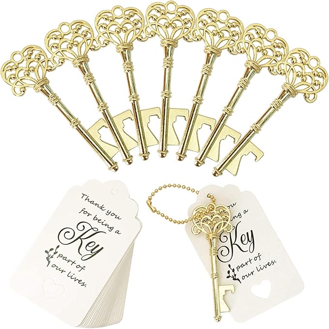 WODEGIFT 100 PCS Key Bottle Openers,Vintage Skeleton Key Bottle Opener,Wedding Favors Bottle Opener with Tag Cards and Key Chains(Gold)