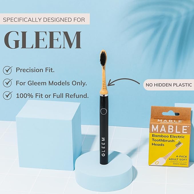 Bamboo Electric Toothbrush Heads | Compatible with Gleem Electric Toothbrush | 4 Brush Heads with Soft Bristles | Plant-Based Adult Size Replacement Heads