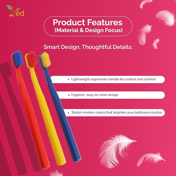 Ved ProCura Ultra Soft Toothbrush – Gentle Manual Toothbrush for Adults with 5,460 Super Soft Bristles for Sensitive Teeth and Gums, (Dark Blue+RED+Yellow)