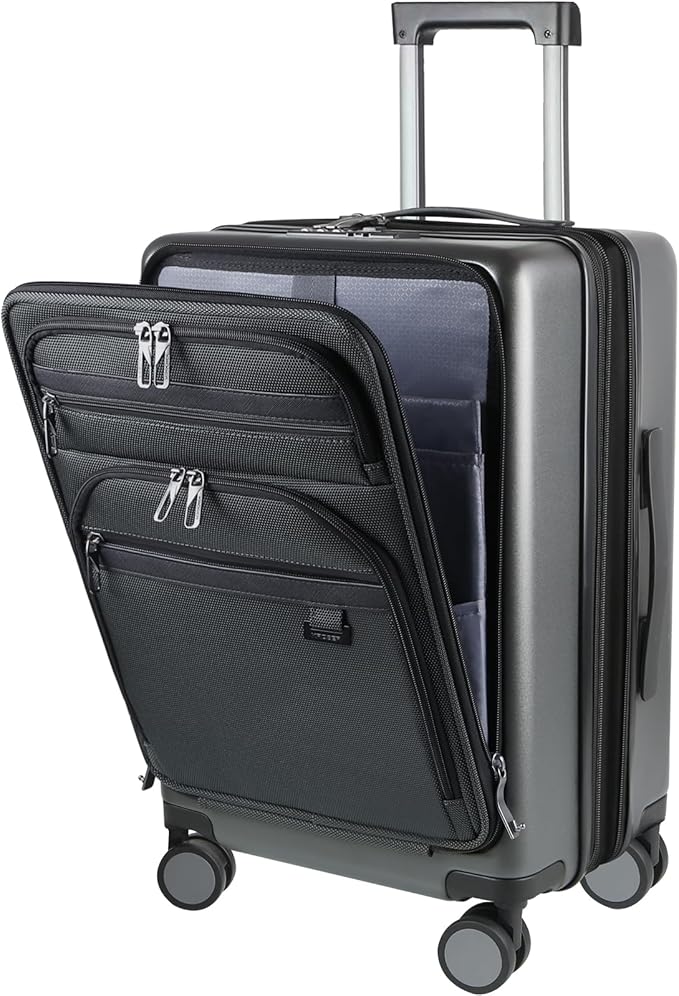 KROSER Hardside Expandable Carry On Luggage 22x14x9 Airline Approved With Front Business Pockets, 20 Inch Suitcases with Wheels, Carry on Suitcase with TSA Lock & USB Port, Steel Grey
