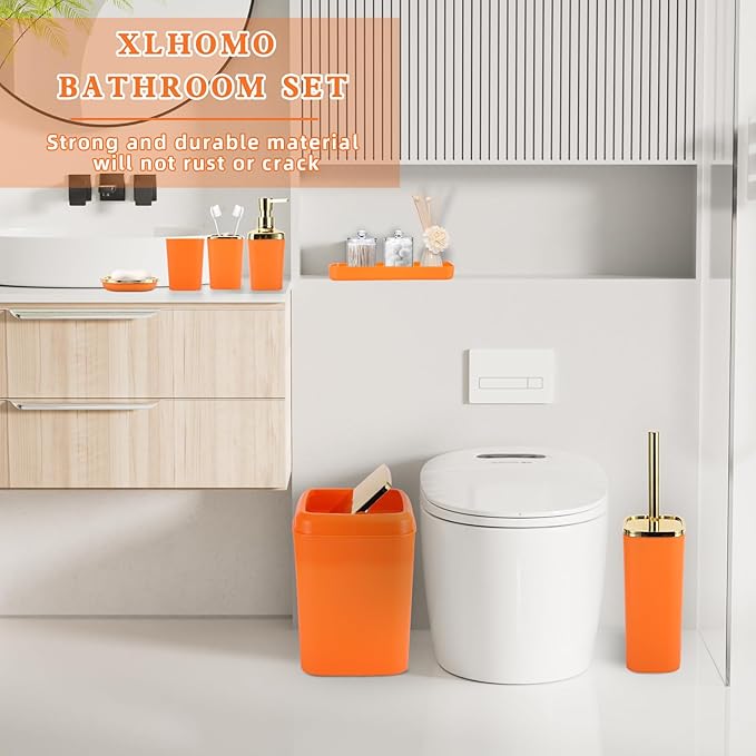 Orange Bathroom Accessories Set, Orange and Gold Bathroom Accessories with Trash Can, Soap Dispenser, Soap Dish, Toothbrush Holder and Q-tip Holders