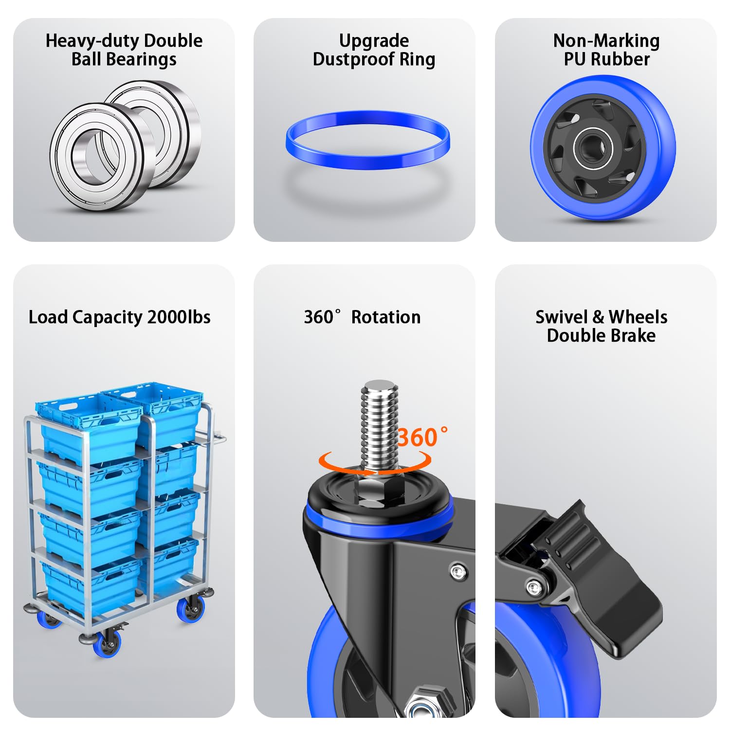 4 Inch Caster Wheels Heavy Duty Stem Caster 2000Lbs, Threaded Stem Casters 3/8"-16 x 1(Stem Diameter 3/8", Stem Length 1"), Swviel Locking Caster Set of 4, Industrial Castor Wheels for Cart,Furniture