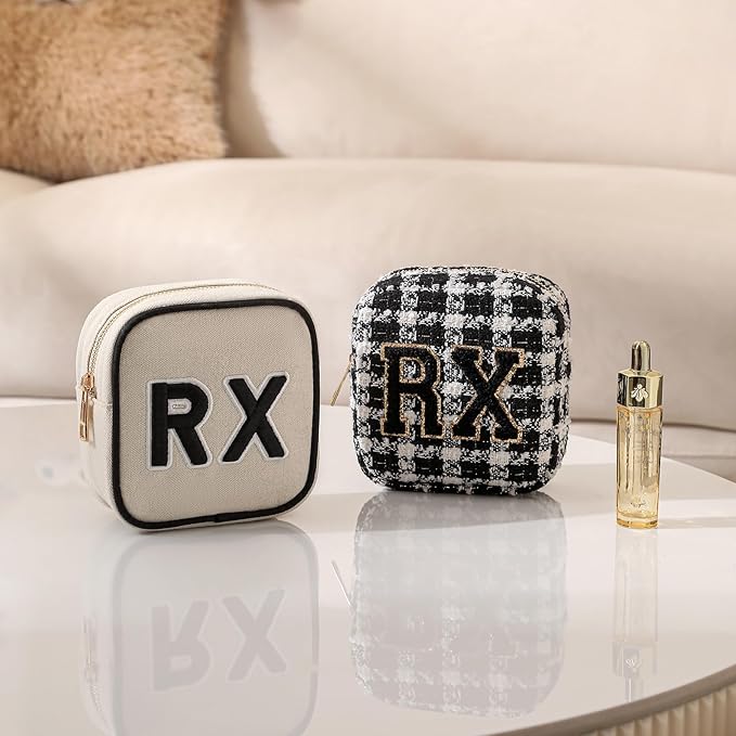 uekeboag Personalized Small Canvas Medicine Cosmetic Bag, Cute Plaid Pattern Chenille Letter Patch RX Drug Pouch with Zipper, Makeup Travel Gift Bag for Women and Girls (11Beige Canvas)