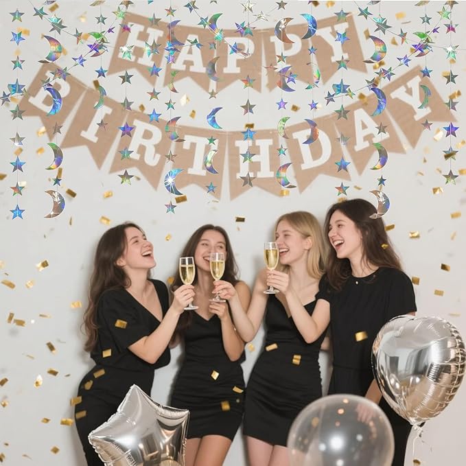 52 Feet Star Garland Banner Decorations for Party,Gold Star Hanging Bunting Banner Hanging Glitter Stars Garland Christmas Birthday Decorations (4 Pack Star and Moon Set)