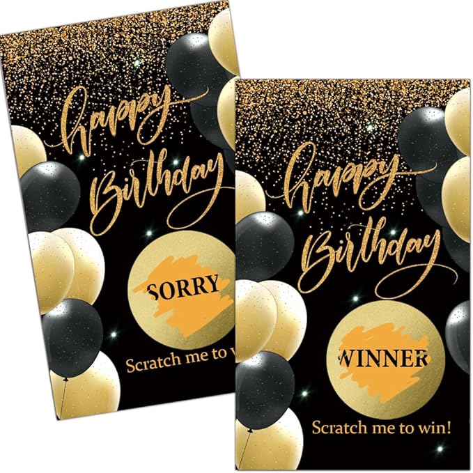 Haizct 50 Pack Happy Birthday Theme Scratch Off Card, Black Gold Balloon Scratch Card for 18th 40th 50th Birthday Tickets, Happy 50th 60th Party Supplies, Raffle Ticket Lottery Game for Group Activity