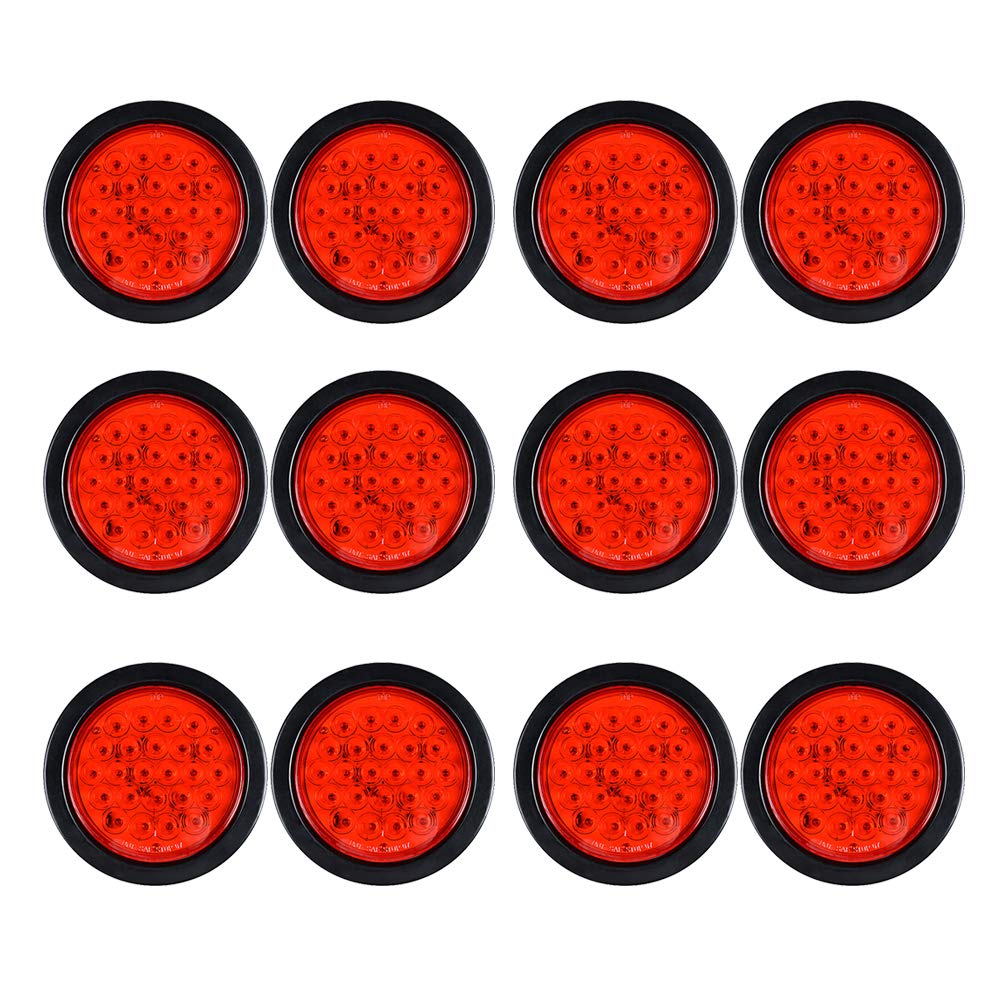 (12X) 4 Inch Round 24-LED RED Running Brake Stop Tail Lights w/Grommet Wiring Plug For Car Truck Trailer RV DC 12V