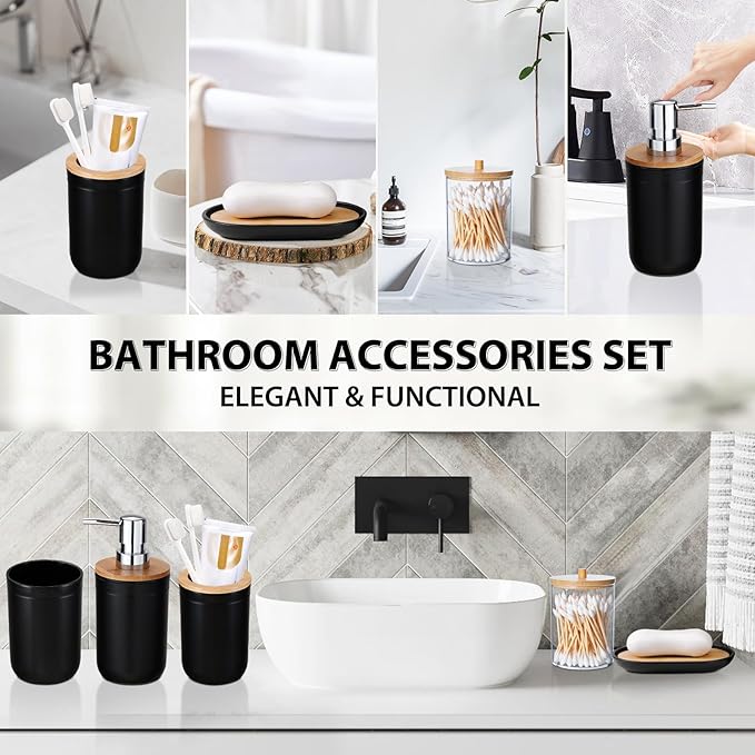 iMucci Bathroom Accessories Set 5Piece Black Bathroom Sets, Toothbrush Holder, Toothbrush Cup, Lotion Soap Dispenser, Soap Dish and Qtip Holder Bathroom Decor