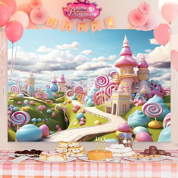 12x8ft Candyland Backdrop Fantasy Sweet Candy Castle Cream Photography Background Candyland Theme Boys Girls Birthday Party Decorations Banner Photo Studio Props