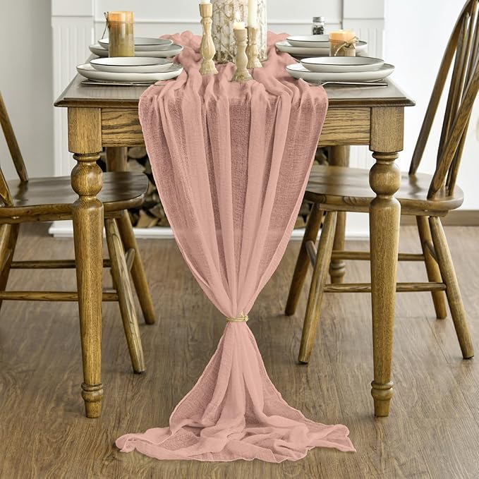 Artoid Mode Boho Cheesecloth Gauze Peach Powder Wedding Table Runner, 120 Inch Seasonal Christmas Winter Fabric Kitchen Dining Holiday Table Decor for Home Party Indoor