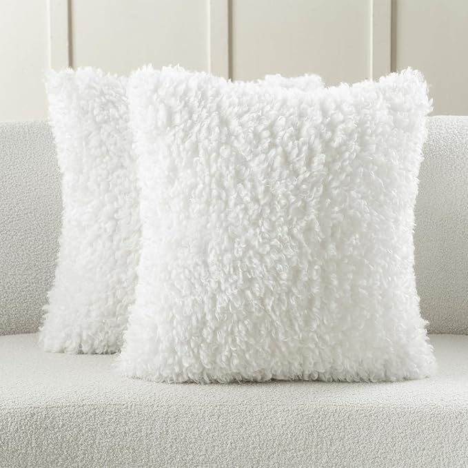 FUTEI Cream White Decorative Throw Pillow Covers 16x16 Inch Set of 2,Soft Fluffy Faux Wool Fur Boucle Textured Cushion Case,Modern Home Decor for Couch Bed Living Room Office