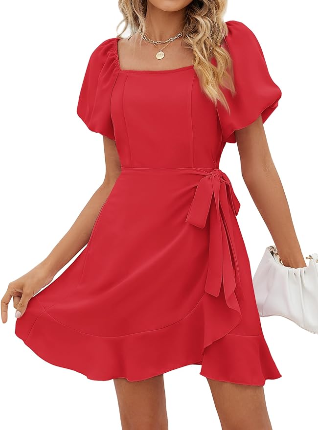 Sampeel Womens Summer Dresses Square Neck Puff Sleeve Tie Waist Short Dress