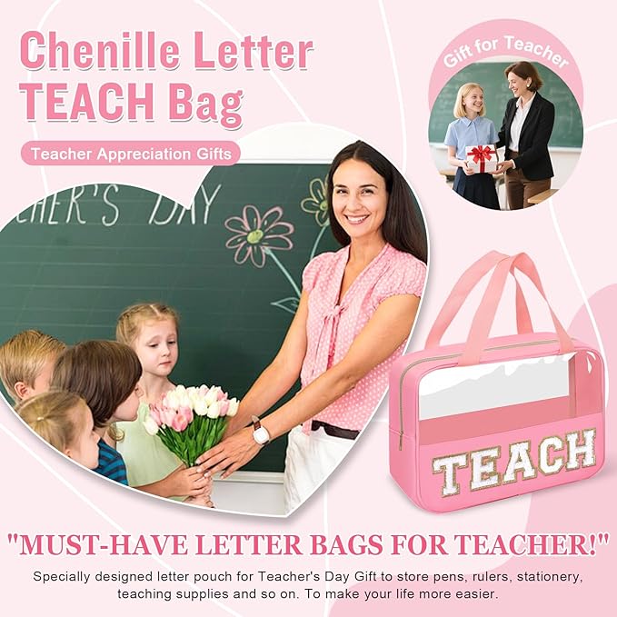Teacher Appreciation Gifts Chenille Letter Clear Makeup Bag TEACH Pouch, Preppy Waterpoof Makeup Cosmetic Bag with Zipper Graduation Retirement Birthday Teacher Essentials Gifts for Women(TEACH-Pink)