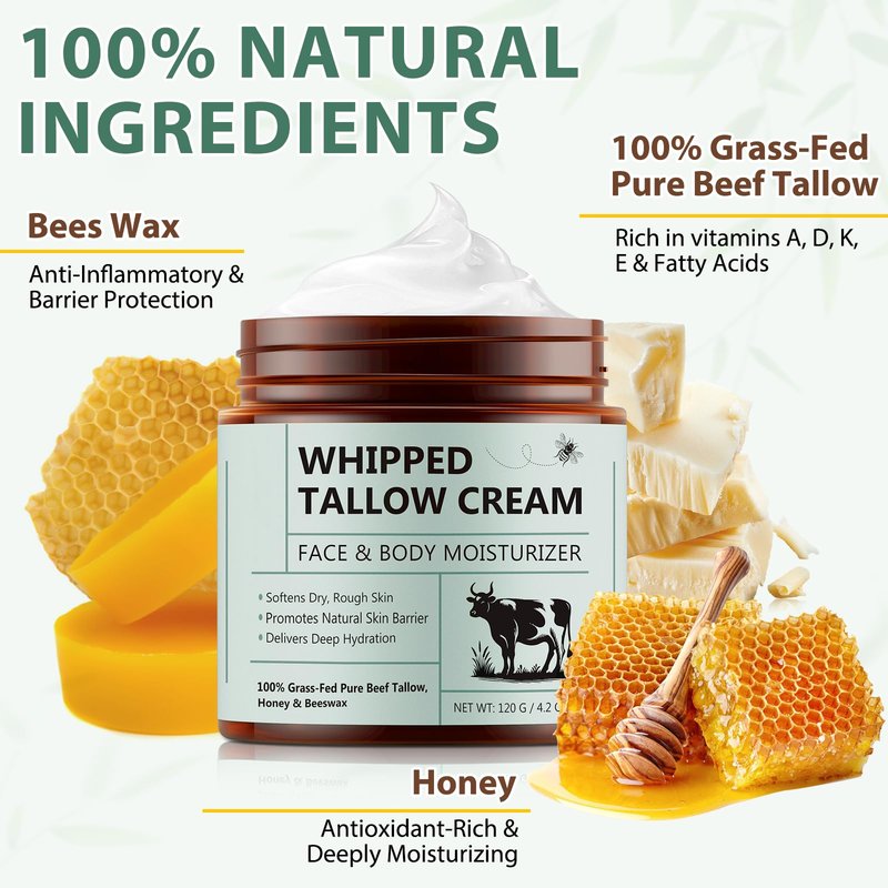 2 Pack Beef Tallow for Skin, Tallow and Honey Balm, All Natural Moisturizer Hydrates and Nourishes the Skin, Deeply Moisturizing for Face & Body, Organic Grass Fed Whipped Beef Tallow & Honey Beeswax