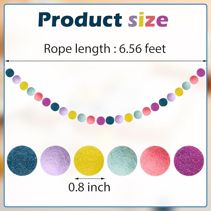 Boao 2 Pieces Wool Felt Ball Garland Colorful Pom Pom Garland Handmade 6.5 Feet Long 24 Balls Felt Banner for Wall Christmas Tree Decoration (Macaron Color)