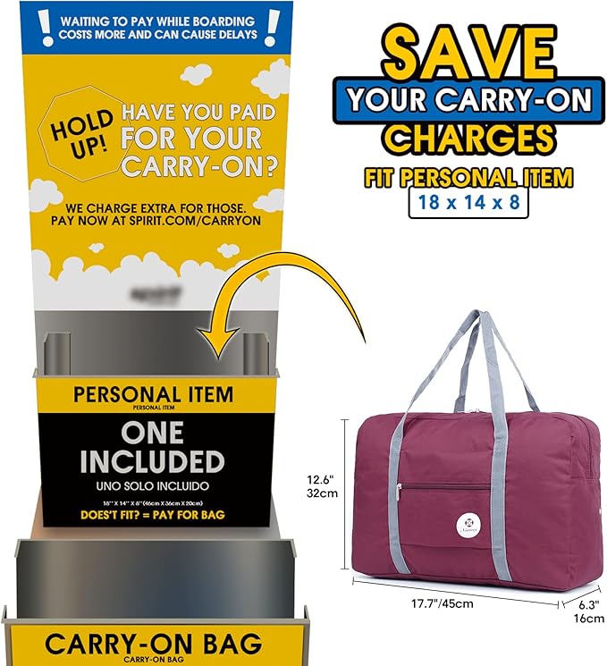 For Spirit Airlines Personal Item Bag Foldable Travel Duffel Bag Tote Carry on Luggage Duffle Overnight for Women and Men