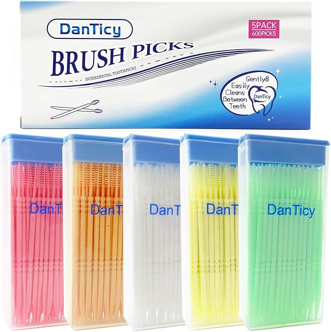 Brushpicks Interdental Toothpicks,Soft Bristle Dental Floss Picks Toothpicks,Helps Removes Plaque and Debris Between Your Teeth 600PCS (Pack of 5) Mixed Flavors