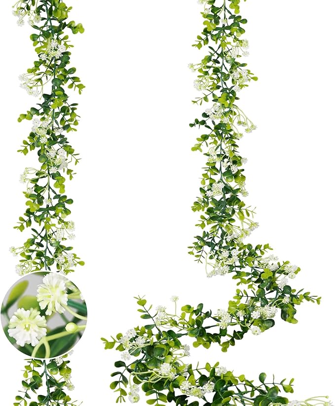 6FT Eucalyptus Garland with Flowers, 2 Pack Artificial Greenery Garland Hanging Spring Eucalyptus Garland Suitable for Table Wedding Backdrop Arch Wall Party UV Protected Indoor Outdoor Decor