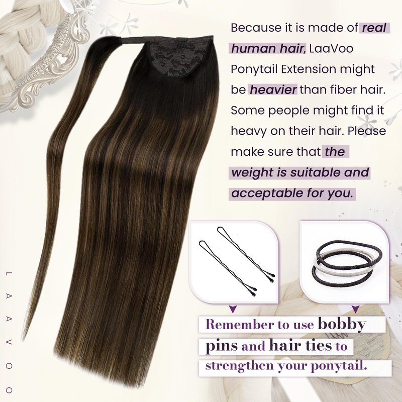 LaaVoo Ponytail Extension Human Hair Brown Ombre Ponytail Extensions for Women Balayage Darkest Brown to Light Brown Pony Tails Hair Extensions Real Humen Hair Short Straight 12 Inch 75g