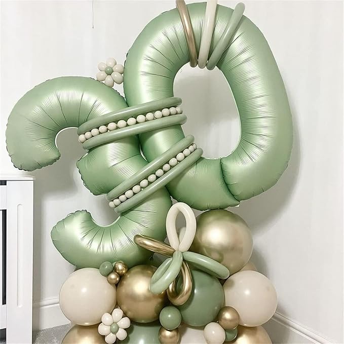 Sage Green Number 40 Birthday Balloons, 40 Inch Large Olive Green Foil Number 4 and 0 Balloons for Women, 40th Birthday Balloons for 40 Year Old Birthday Anniversary Jungle Party Decorations Supplies