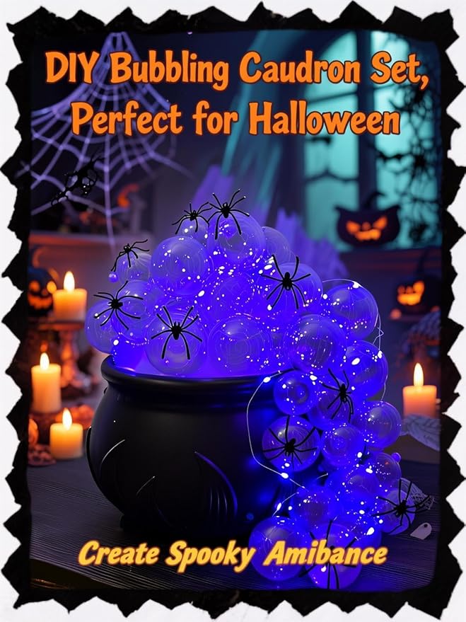 Halloween Decorations Indoor - DIY Bubbling Cauldron Set with 10pcs Simulation Spider, Halloween Hocus Pocus Party Decor with 9.84ft LED Light,Spooky Vintage Decor for Home Kitchen Room