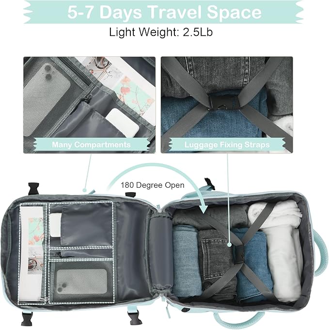 Hanples Carry on Backpack, Laptop Travel Backpack for Women Airline Approved, Personal Item Travel Bag for Men, Casual Daypack Bag for Business Work Weekend with 2 Toiletry Bags (Mint Green)