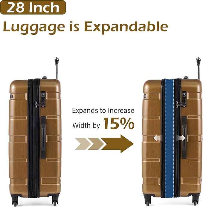 Coolife Expandable Large Checked Luggage Hardside PC+ABS Suitcase with TSA Lock, Lightweight Rolling Carry On with Spinner Wheels(Black Brown, 28in)