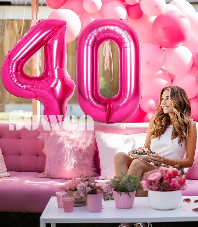 SUWEN 40 Inch Large Hot Pink 40 Balloon Numbers Big Foil Helium Number Balloons 0-9 Jumbo Happy 40th Mylar Birthday Party Decorations for Women Anniversary Party Supplies