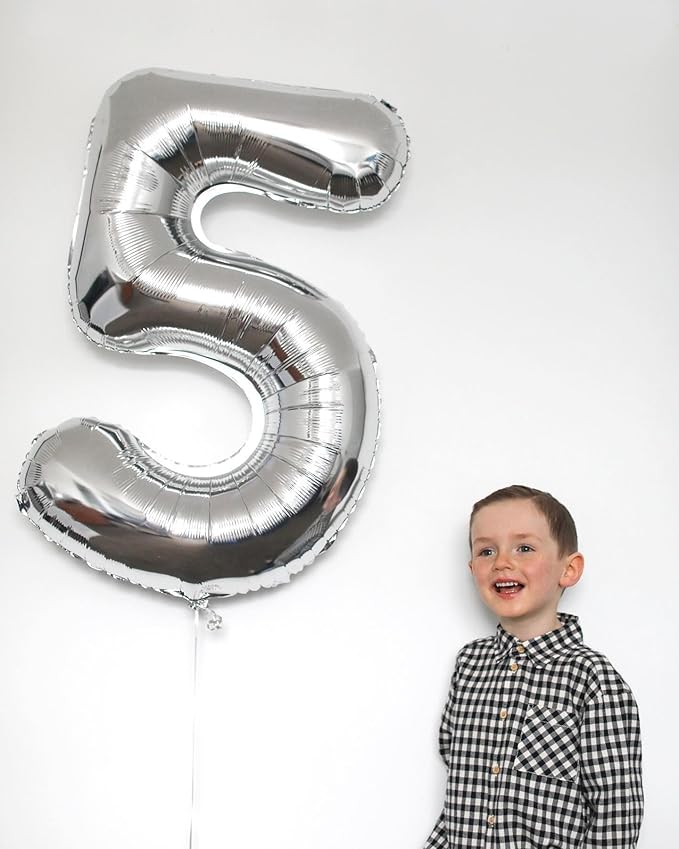 Silver Number 5 Balloon 40 Inch, 5 Balloon Number, 5th Birthday Decorations, Silver Party Supplies for Boys Girls