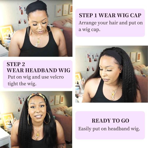 CYIKLI Kinky Straight Headband Wig 24 Inch Human Hair Headband Wigs for Black Women Glueless Yaki Straight Human Hair Headband Wigs Natural Black color