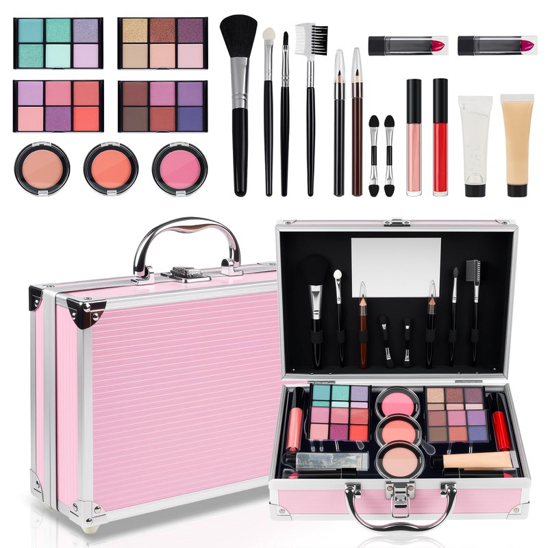 Makeup Kit for Teen Girls, Complete Cosmetic Set with Eyeshadow Palette, Lipstick, Blush, Lip Gloss, Brushes, Gifts Pink