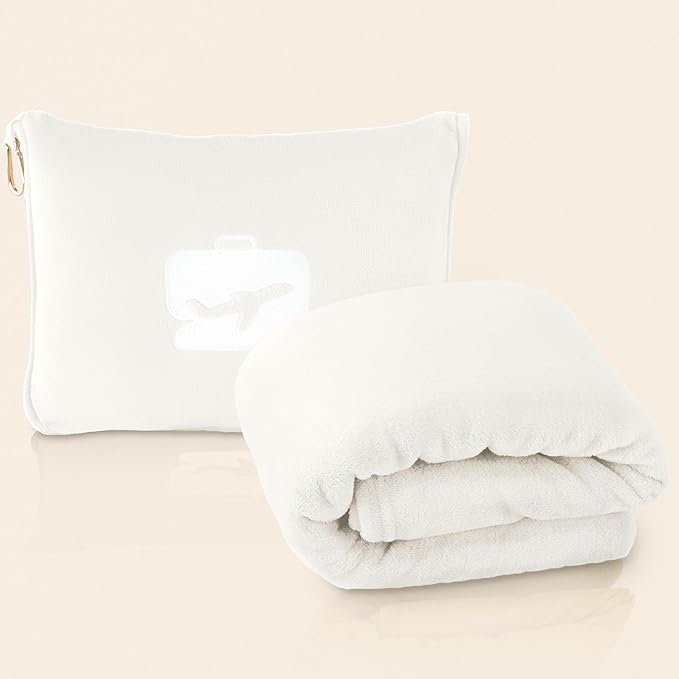 EverSnug Travel Blanket and Pillow - Ultra-Soft, Compact & Lightweight, 65x40 Inches, with Carry Case, Luggage Sleeve & Backpack Clip for Airplane Comfort (Off-White)
